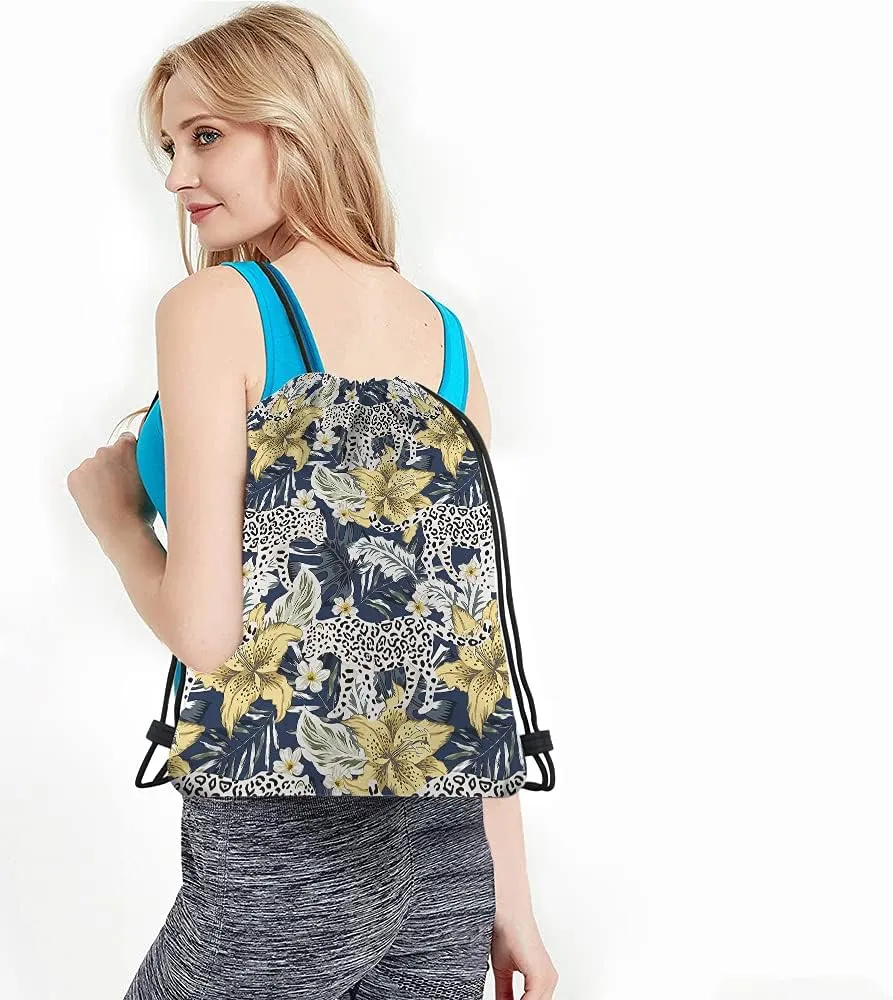 White Leopard Drawstring Backpack 14x16.9 Inch Waterproof Polyester Gym Sports Travel Work School Unisex Adult