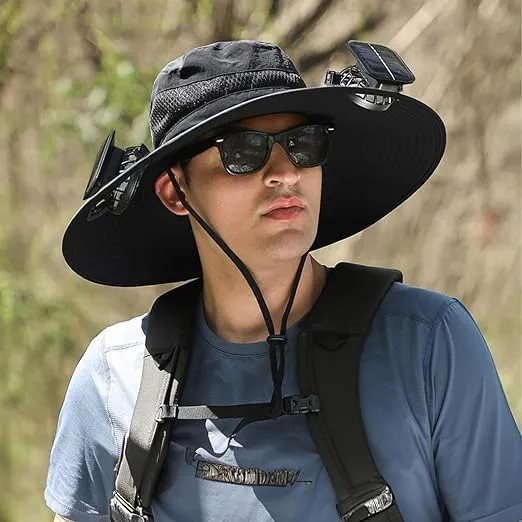 Wide Brim Solar Fan Hats for Men Women - UPF 50  Hat with Solar Fans Built in- Removable & USB Charging Fan