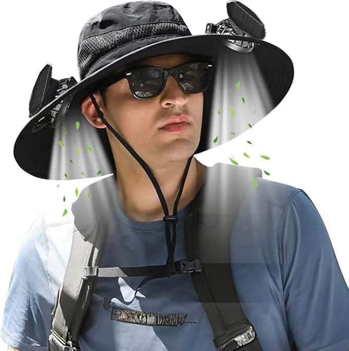Wide Brim Solar Fan Hats for Men Women - UPF 50  Hat with Solar Fans Built in- Removable & USB Charging Fan