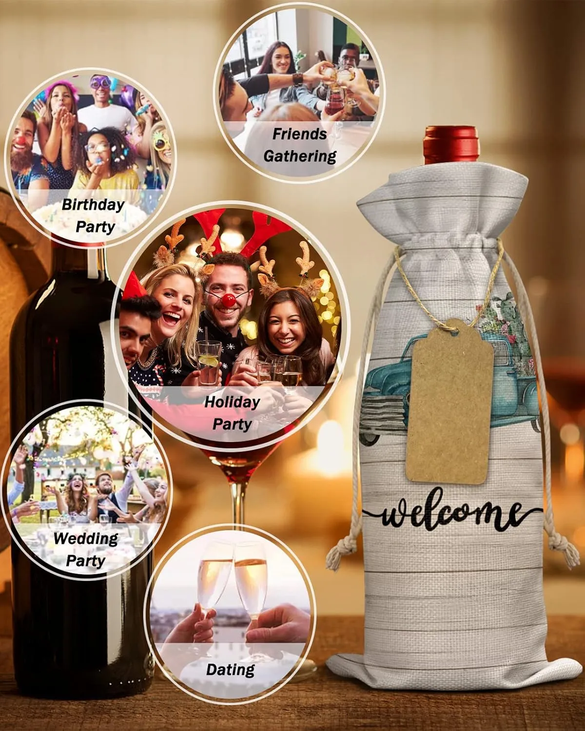 Wine Gift Bag Washable Wine Bags for Wine Bottles Gifts Welcome Blue Truck with Tropical Cactus Flowers Vintage Wood Planks Wine Travel Bag Burlap Wine Bags with Drawstrings Tabs, 10PCS, 6.3x17.3 Inch