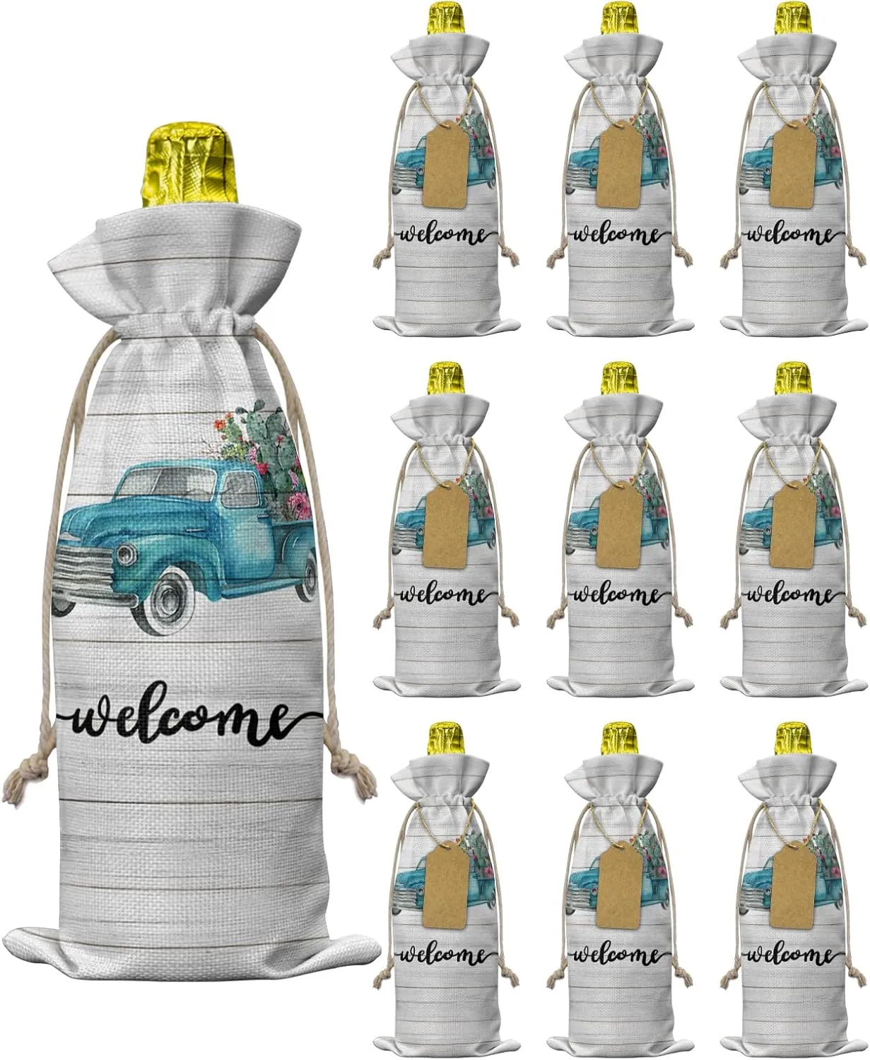 Wine Gift Bag Washable Wine Bags for Wine Bottles Gifts Welcome Blue Truck with Tropical Cactus Flowers Vintage Wood Planks Wine Travel Bag Burlap Wine Bags with Drawstrings Tabs, 10PCS, 6.3x17.3 Inch