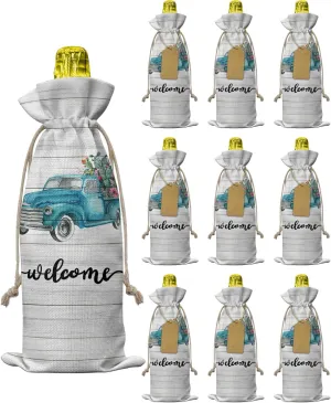 Wine Gift Bag Washable Wine Bags for Wine Bottles Gifts Welcome Blue Truck with Tropical Cactus Flowers Vintage Wood Planks Wine Travel Bag Burlap Wine Bags with Drawstrings Tabs, 10PCS, 6.3x17.3 Inch