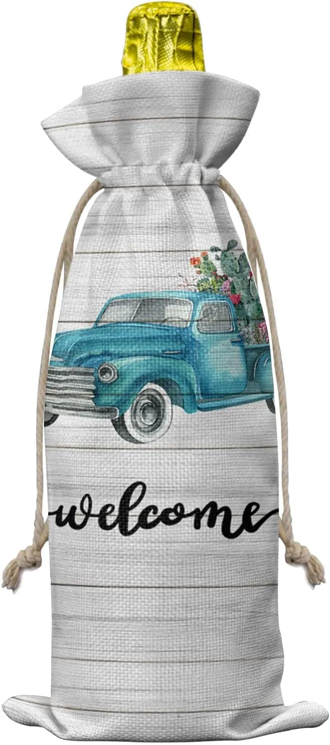 Wine Gift Bag Washable Wine Bags for Wine Bottles Gifts Welcome Blue Truck with Tropical Cactus Flowers Vintage Wood Planks Wine Travel Bag Burlap Wine Bags with Drawstrings Tabs, 10PCS, 6.3x17.3 Inch