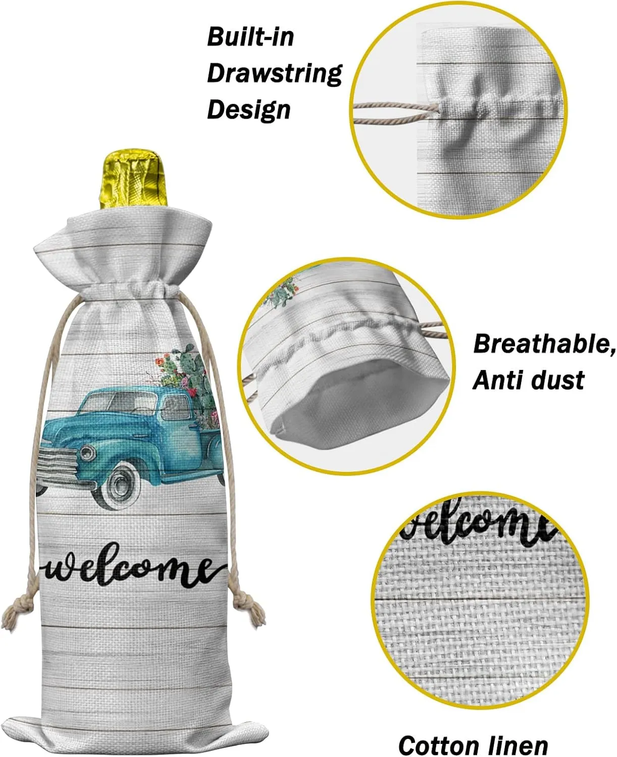 Wine Gift Bag Washable Wine Bags for Wine Bottles Gifts Welcome Blue Truck with Tropical Cactus Flowers Vintage Wood Planks Wine Travel Bag Burlap Wine Bags with Drawstrings Tabs, 10PCS, 6.3x17.3 Inch