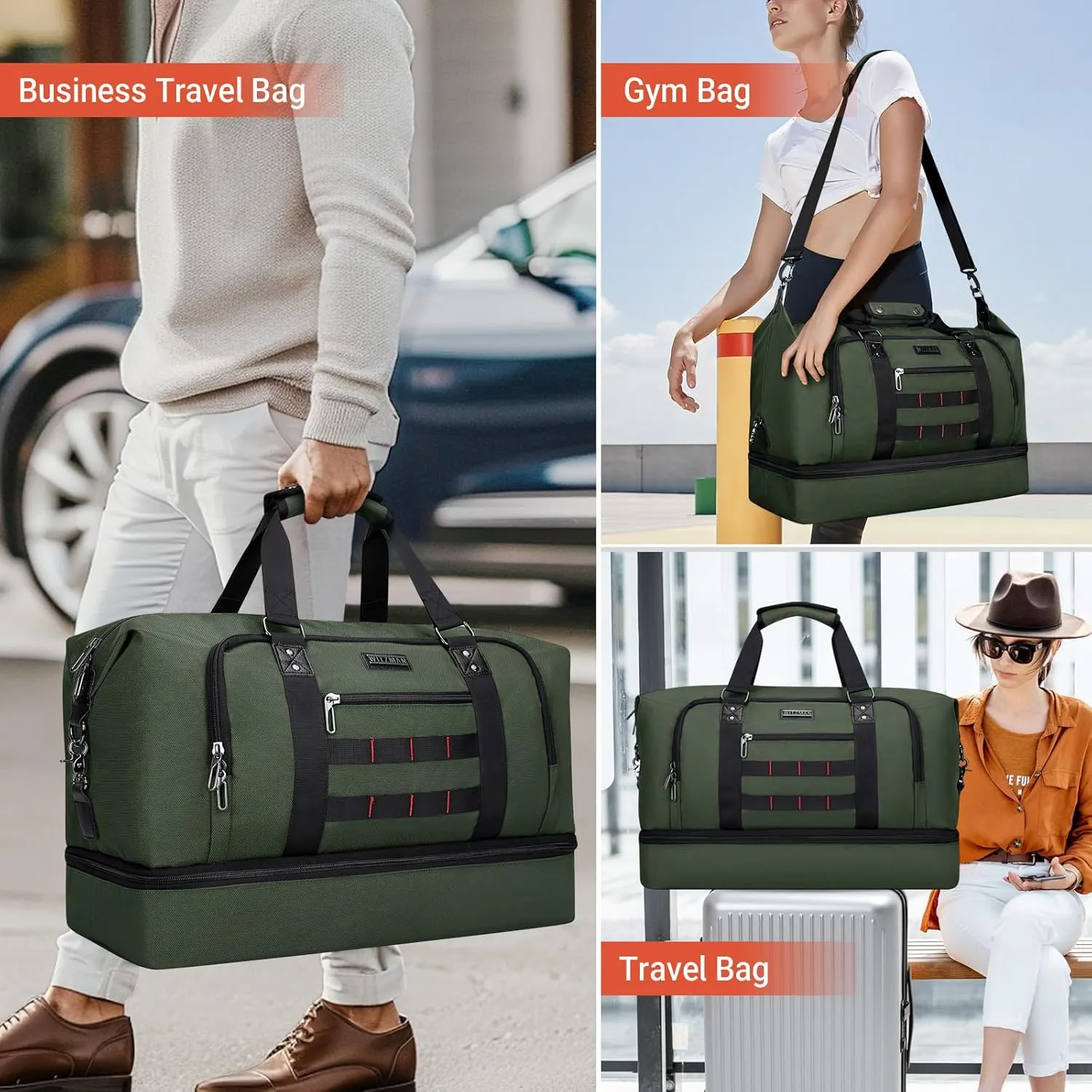 WITZMAN Travel Duffle Bags for Men Weekender Bags with Toiletry Bag Sets Carry On Overnight Bag 55L （B696 Army Green）