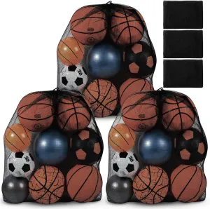 Woanger 3 Pcs Extra Large Mesh Bag Soccer Ball Bag with Adjustable Shoulder Strap Drawstring Sports Ball Handbag Storage Soccer Net Equipment Handbag for Beach Gym Basketball, 35.4 x 27.5 Inch