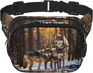 Wolfs Print Square Waist Purse Double Layer Fanny BagTrendy Travel Waist Bag for Men and Women
