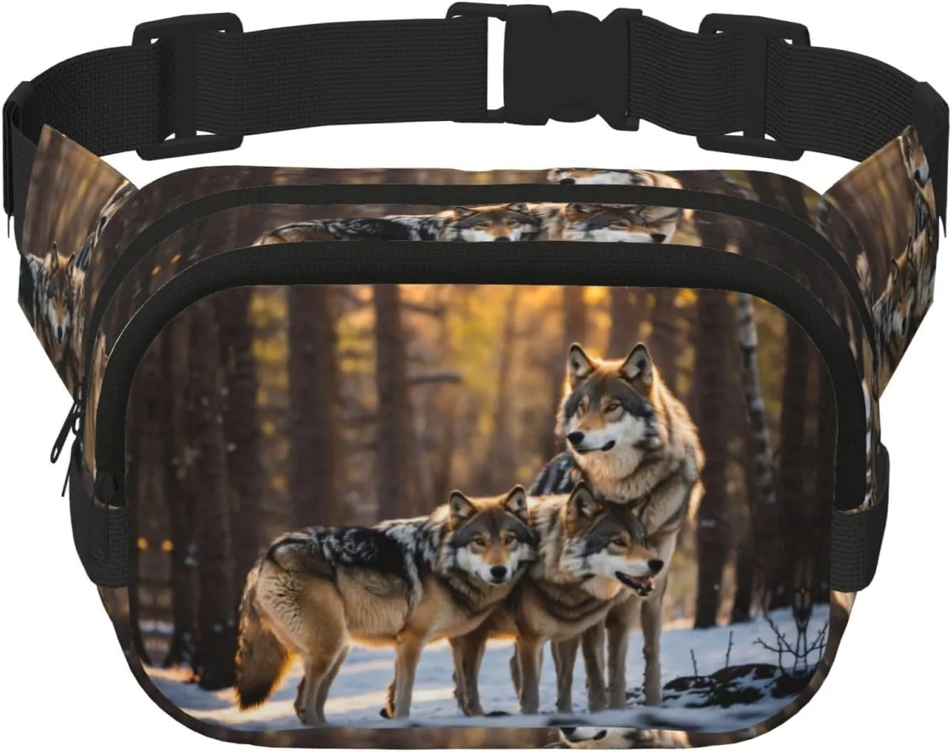 Wolfs Print Square Waist Purse Double Layer Fanny BagTrendy Travel Waist Bag for Men and Women
