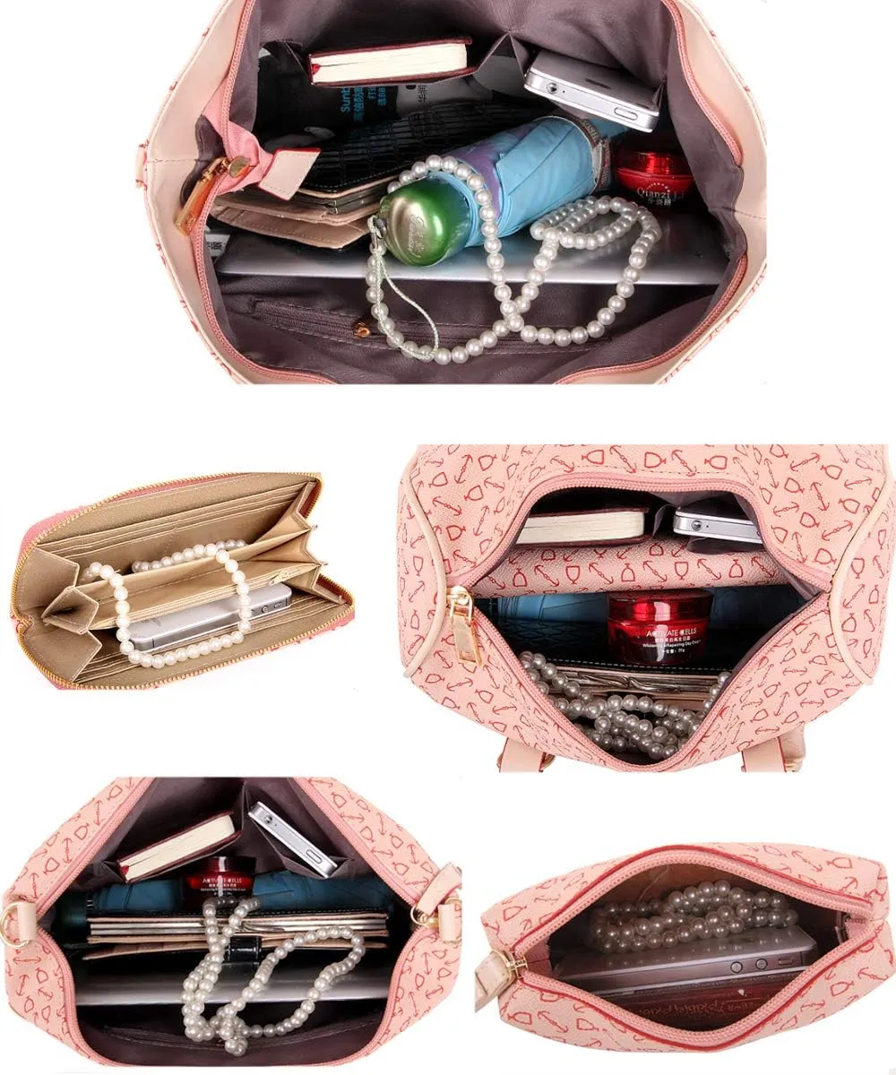 Women 6 Pcs Handbag Tote Stitching Shoulder Bag PU Top Handle Hobo Satchel Purse Clutch Wallet Key Holder