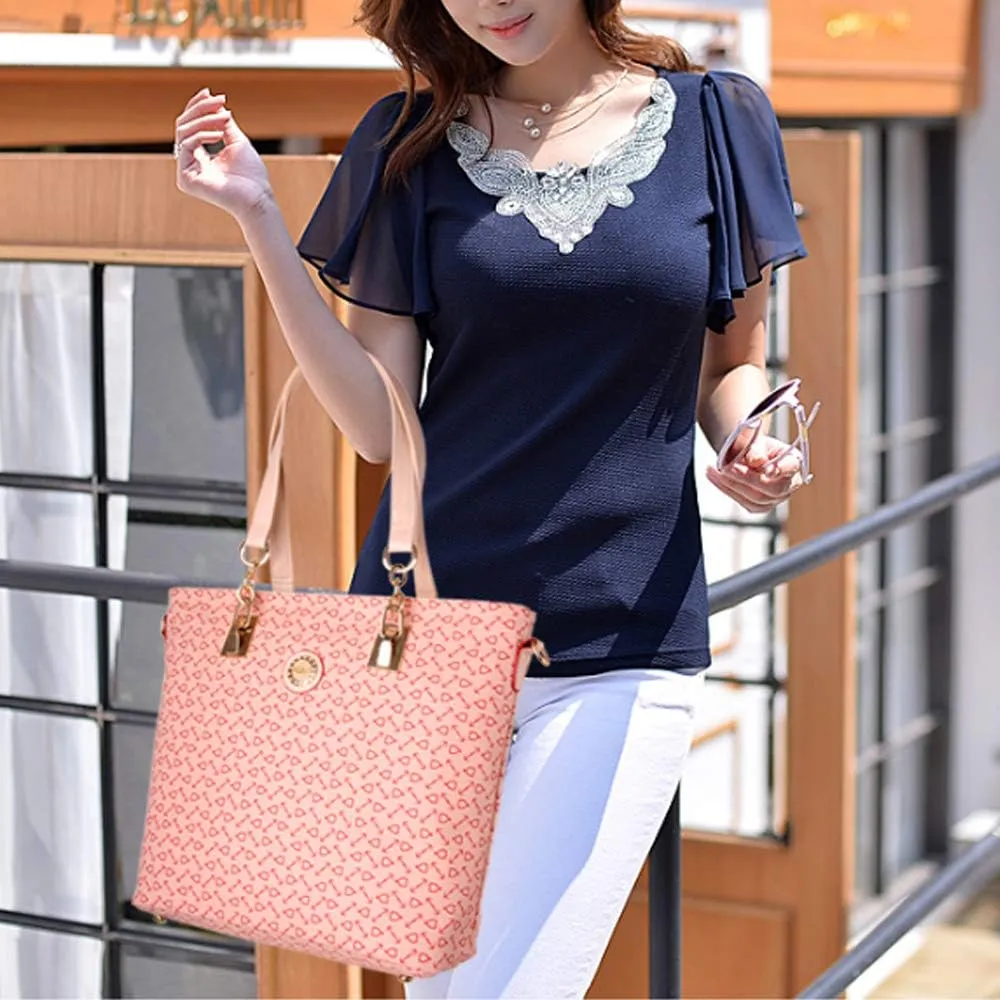Women 6 Pcs Handbag Tote Stitching Shoulder Bag PU Top Handle Hobo Satchel Purse Clutch Wallet Key Holder