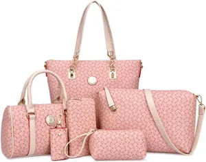 Women 6 Pcs Handbag Tote Stitching Shoulder Bag PU Top Handle Hobo Satchel Purse Clutch Wallet Key Holder