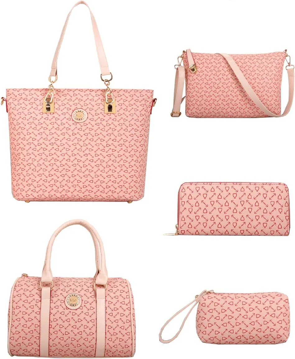 Women 6 Pcs Handbag Tote Stitching Shoulder Bag PU Top Handle Hobo Satchel Purse Clutch Wallet Key Holder