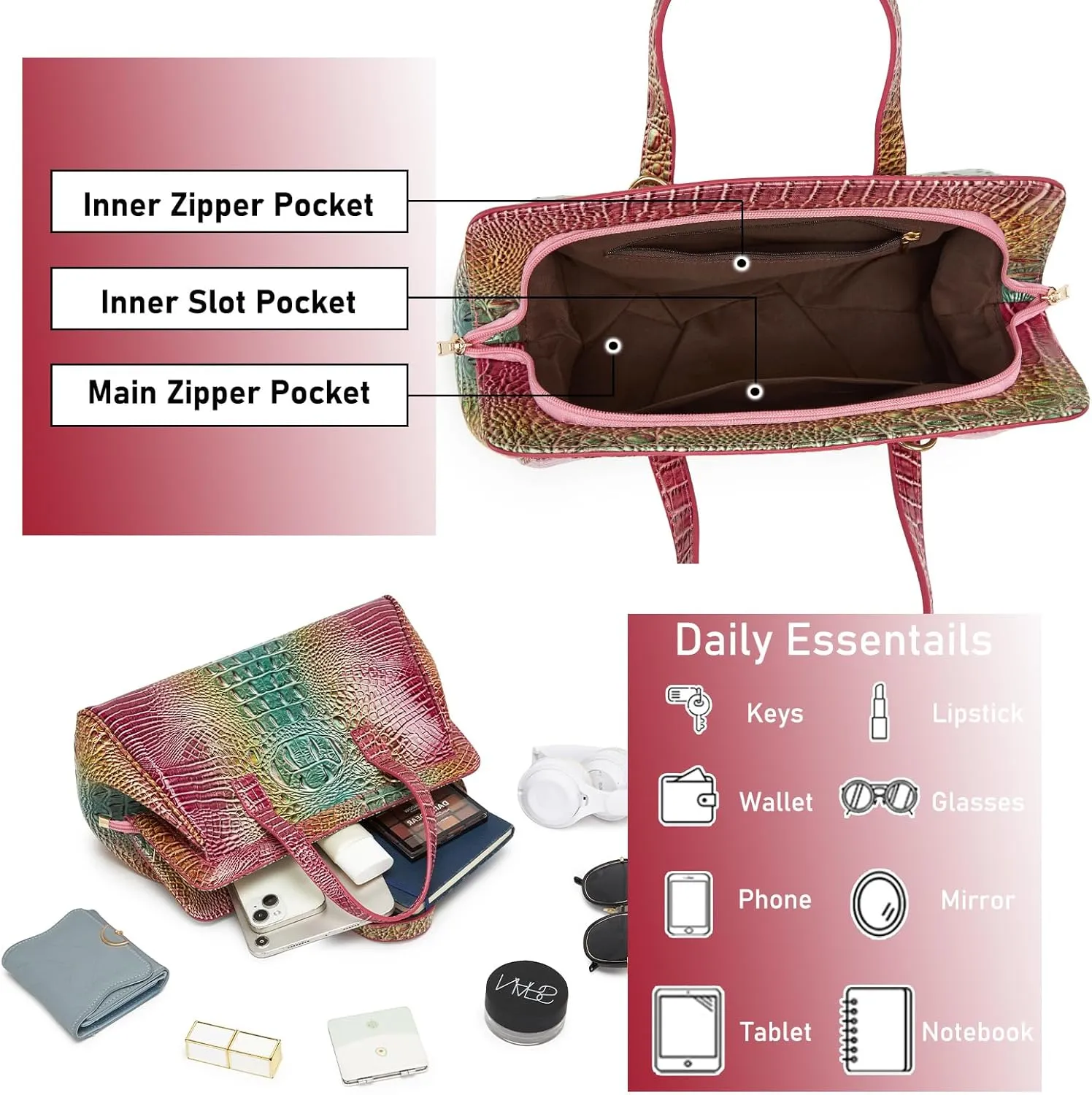 Women Fashion Crocodile Print Handbag Shoulder Satchel Top Handle Crossbody Bag