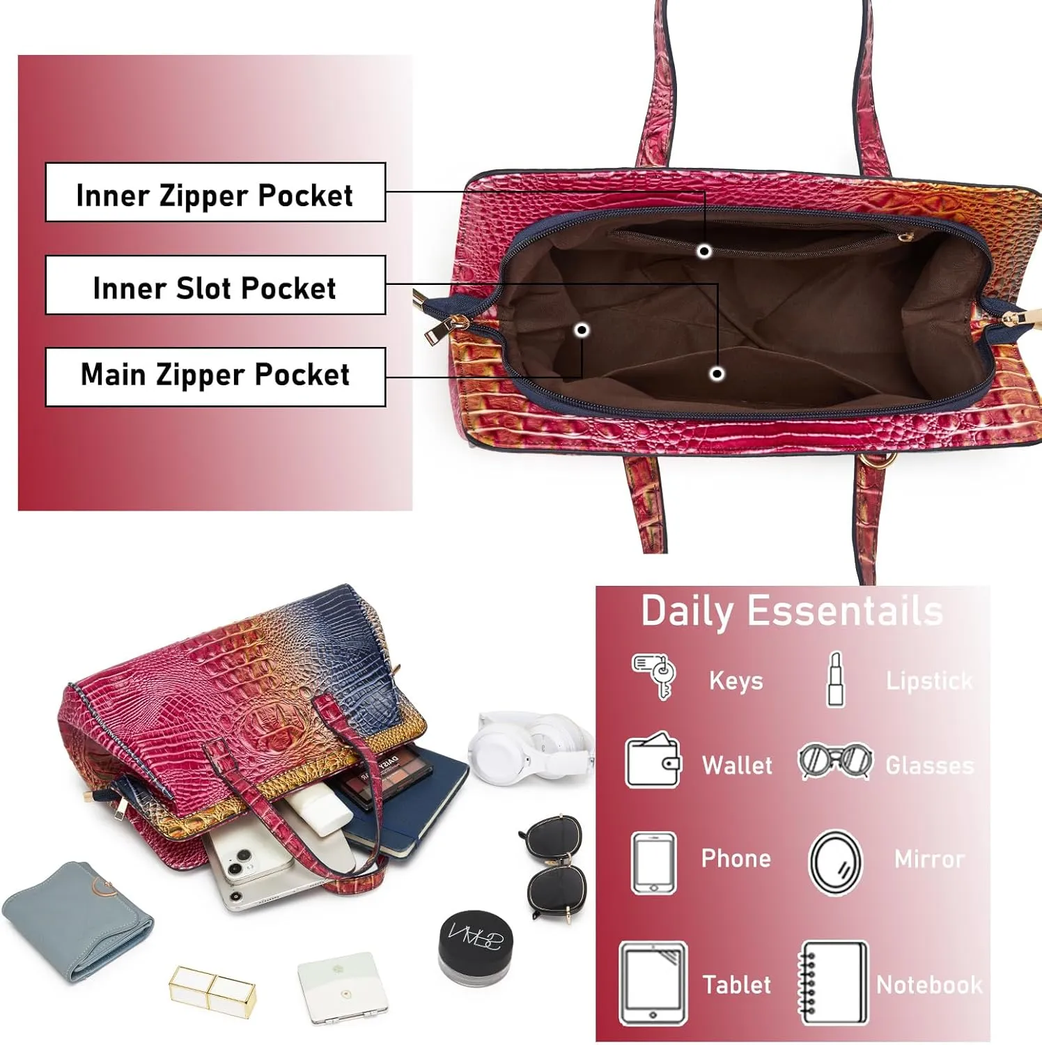 Women Fashion Crocodile Print Handbag Shoulder Satchel Top Handle Crossbody Bag