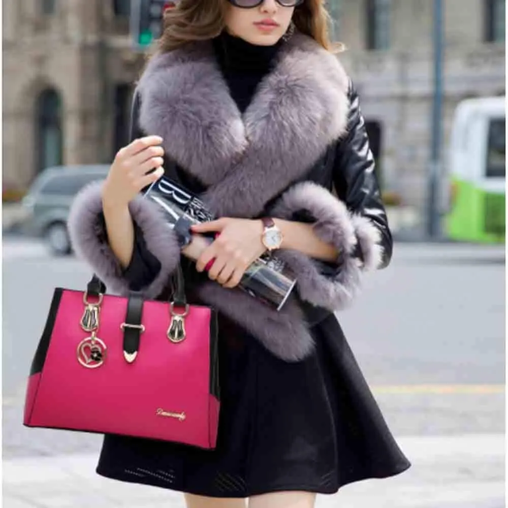 Women Handbag and Purse Stitching Shoulder Top-handle Bag Tote with Heart-shaped Pendant
