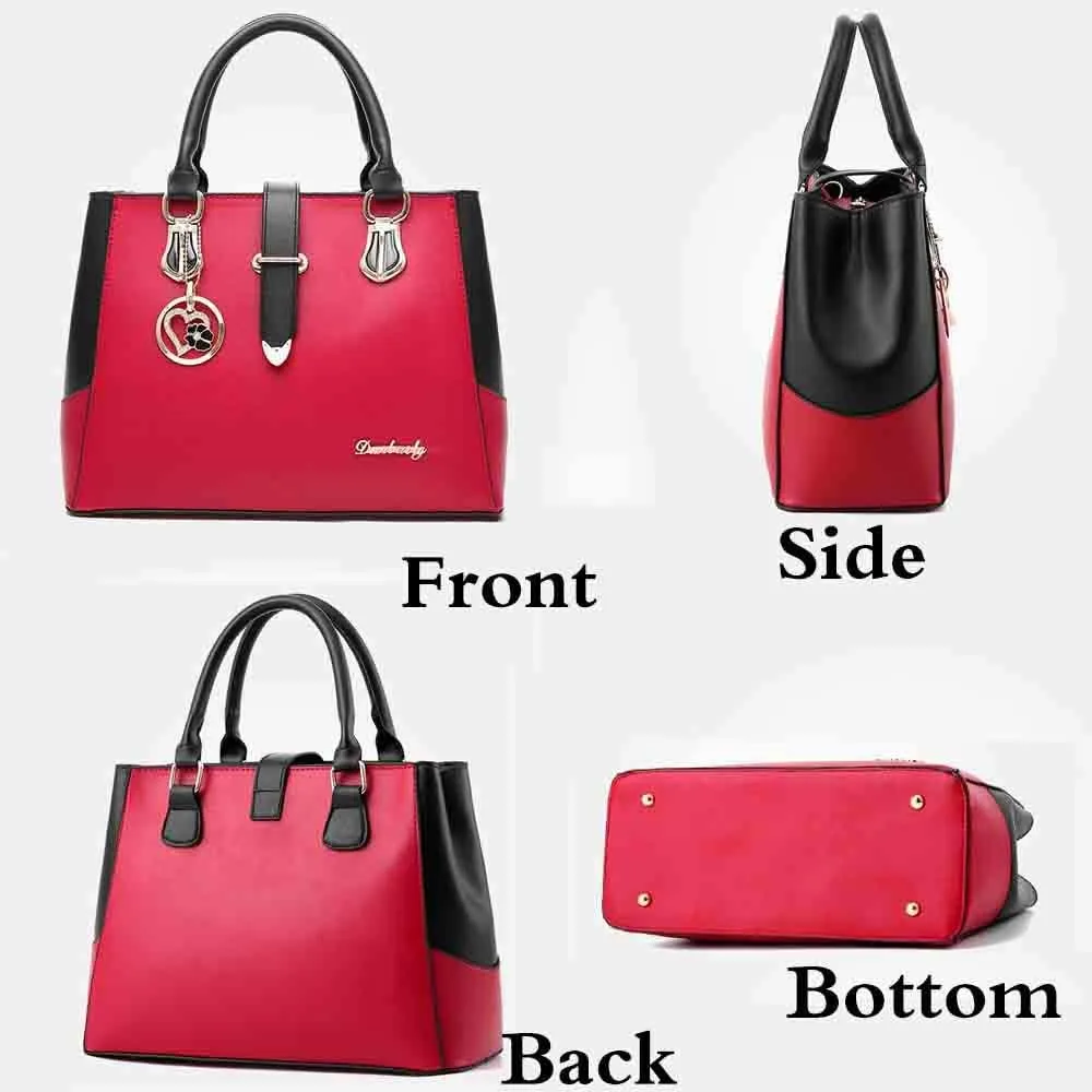 Women Handbag and Purse Stitching Shoulder Top-handle Bag Tote with Heart-shaped Pendant