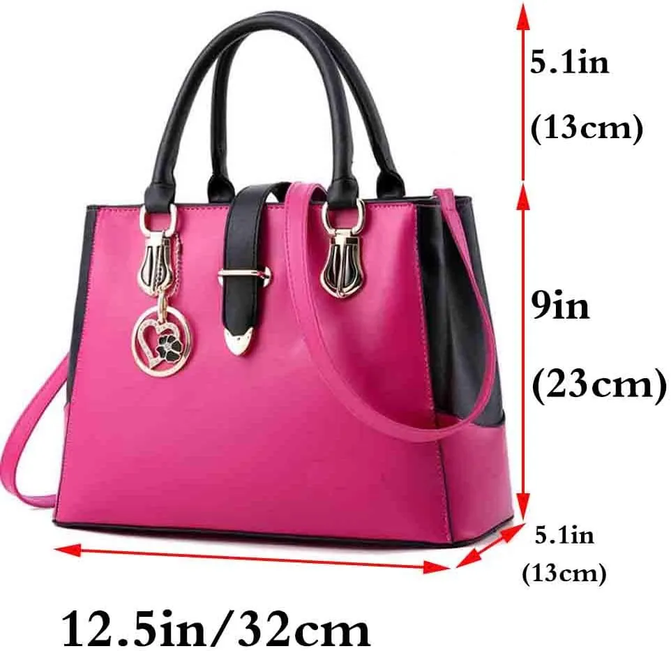 Women Handbag and Purse Stitching Shoulder Top-handle Bag Tote with Heart-shaped Pendant