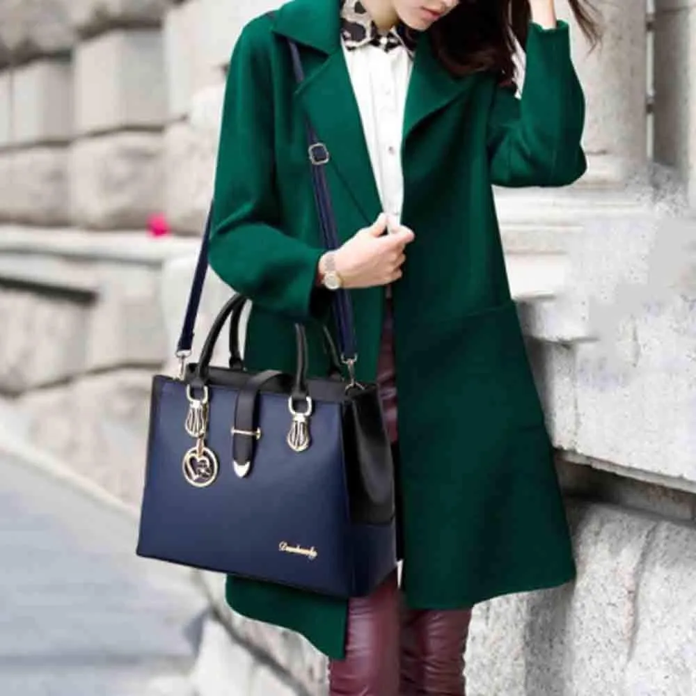 Women Handbag and Purse Stitching Shoulder Top-handle Bag Tote with Heart-shaped Pendant