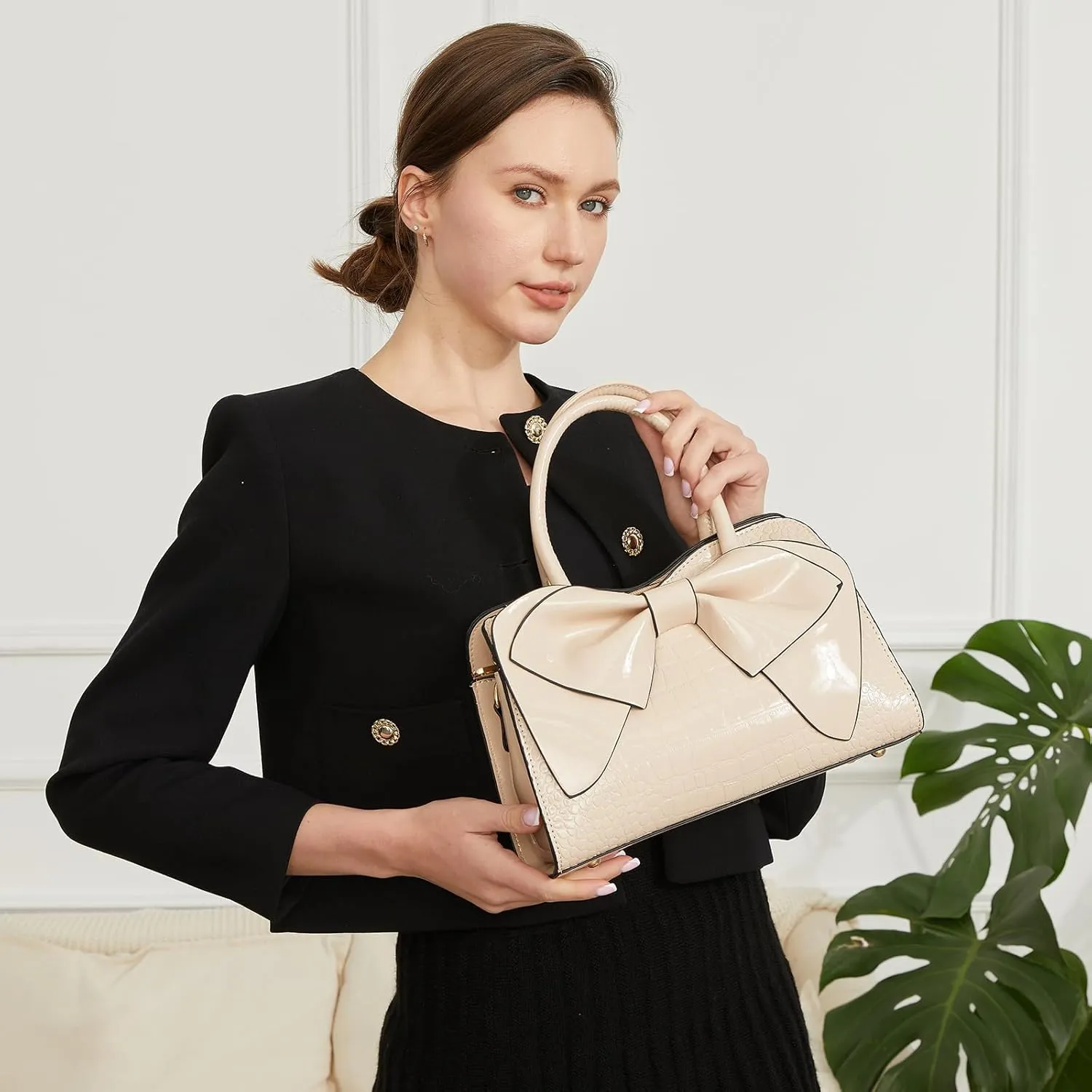Women Handbag Purse Top Handle Shoulder Crossbody Bag with Bow Design