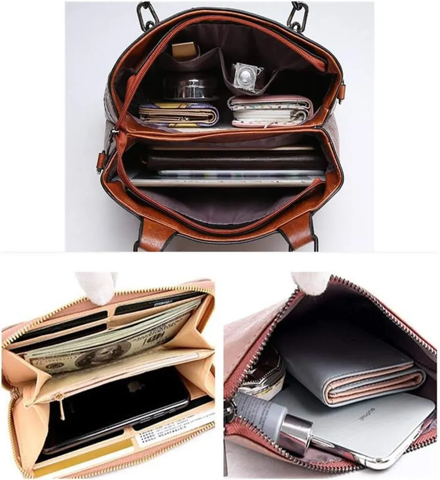 Women Ladies Handbags Set 3 Pcs Patent PU Tote Satchels Shoulder Bag Clutch Purse Wallet