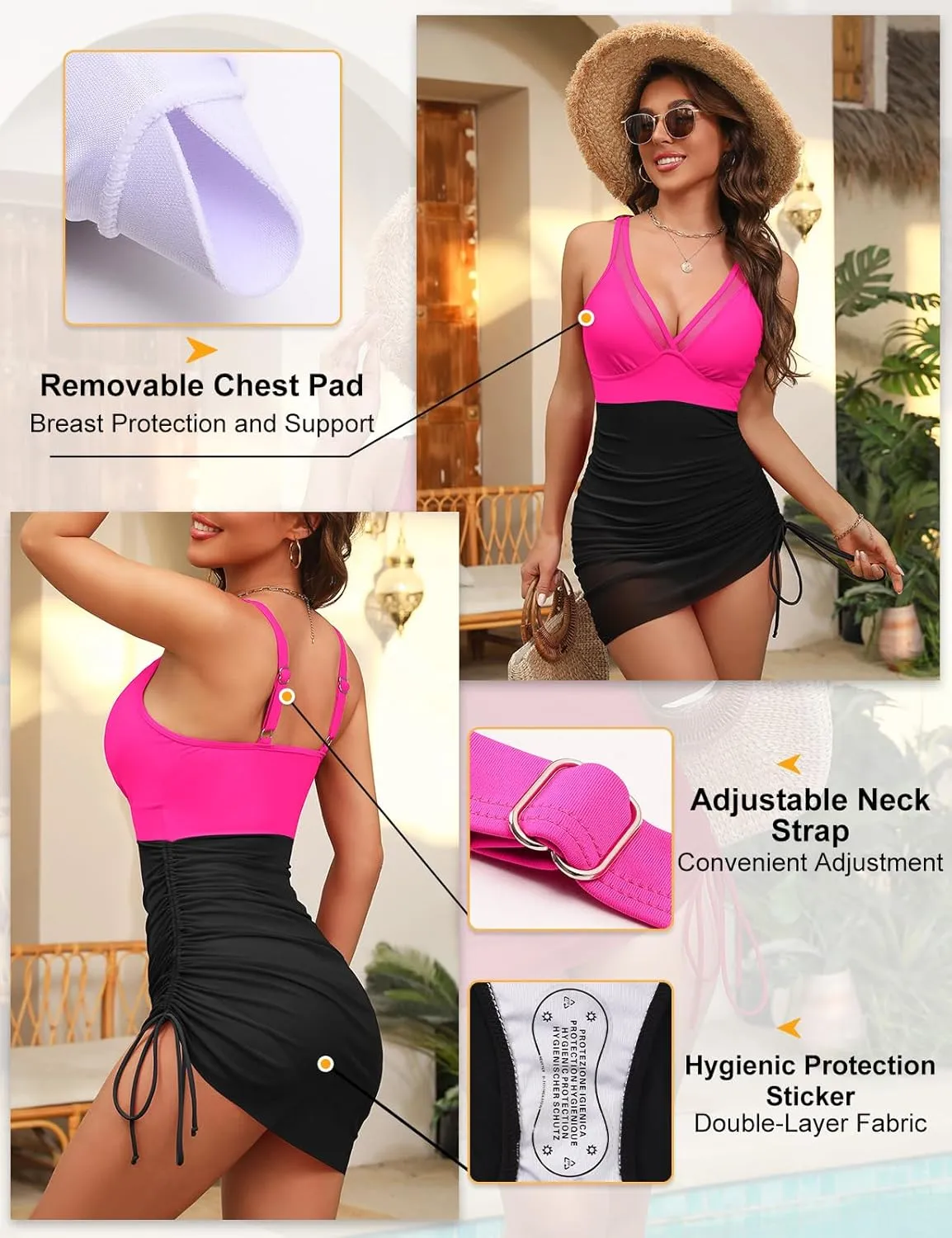 Women One Piece Swim Dress Swimsuit Tummy Control Swimsuits Slimming Sexy Mesh Bathing Suit V Neck Skirt Swimwear