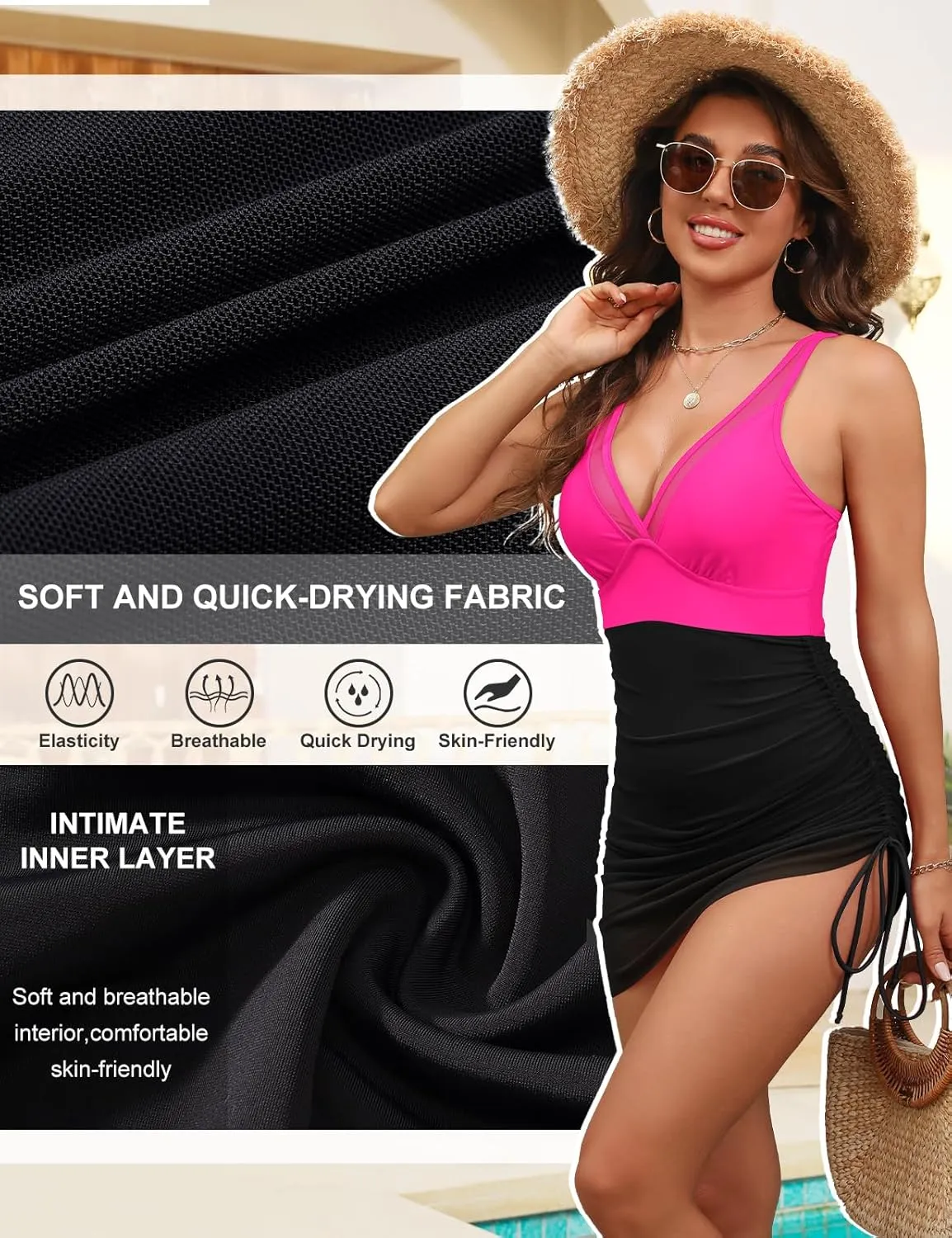 Women One Piece Swim Dress Swimsuit Tummy Control Swimsuits Slimming Sexy Mesh Bathing Suit V Neck Skirt Swimwear