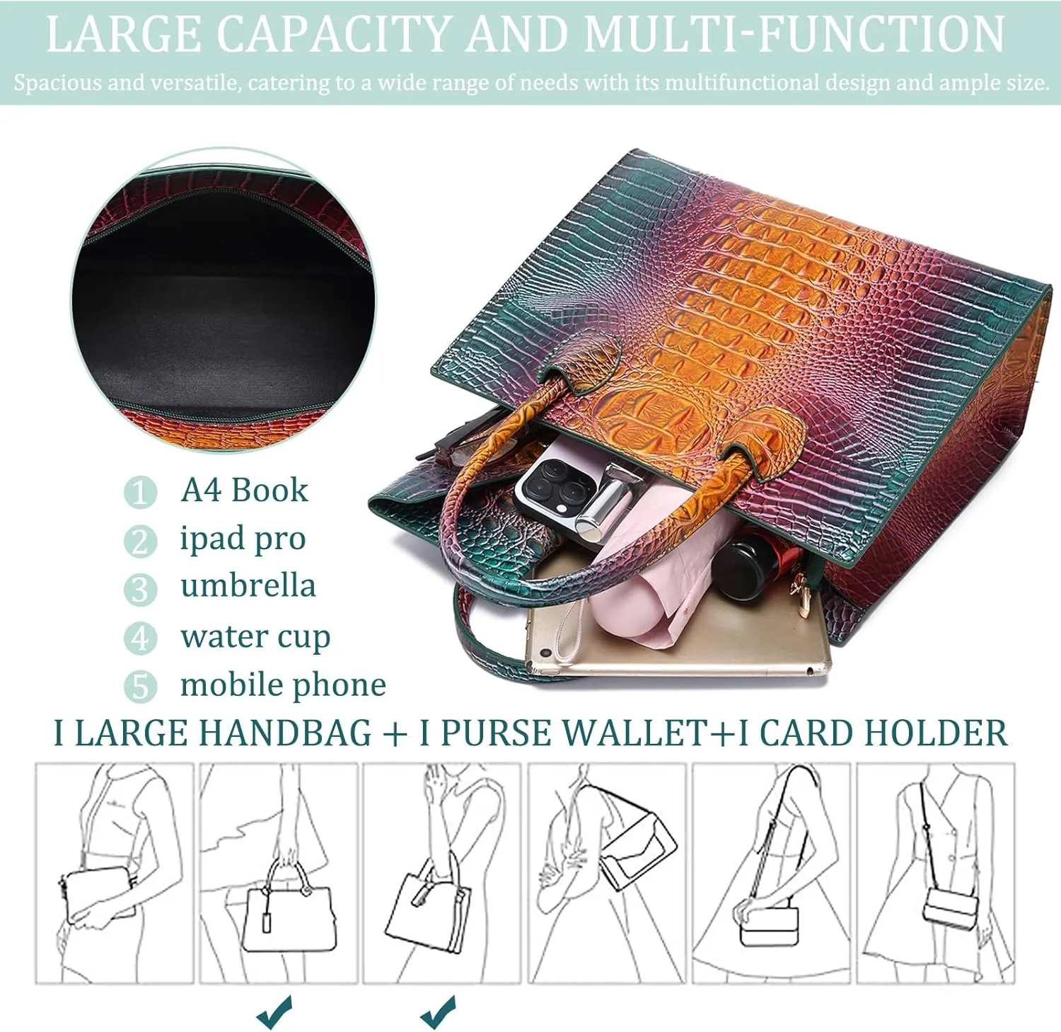 Women Top Handle Crossbody Bag Fashion Crocodile Print Handbag Shoulder Satchel