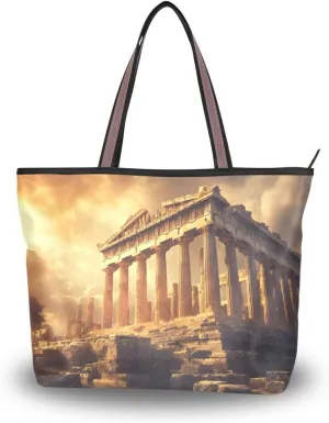 Women Tote Bag Greek Temple Print for Everyday & Travel, Handbag Purse Reusable Grocery Bag Large