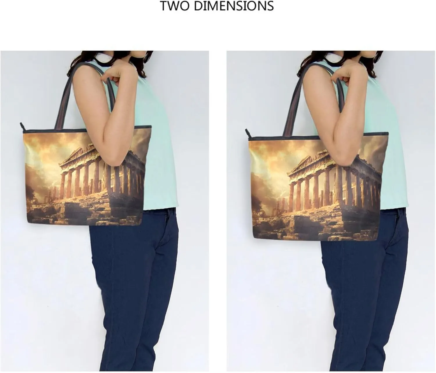 Women Tote Bag Greek Temple Print for Everyday & Travel, Handbag Purse Reusable Grocery Bag Large