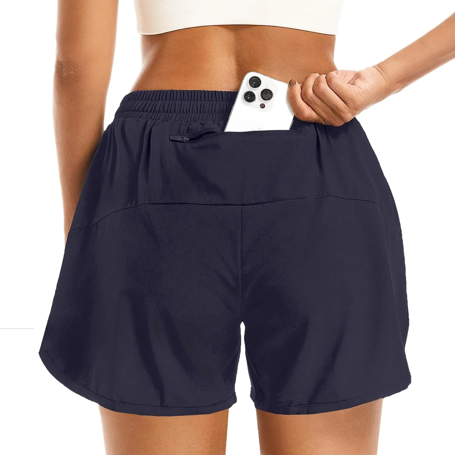 Women's 2 in 1 Athletic Running Shorts High Waisted Workout Casual Gym Sweat Shorts Mesh Comfy Liner Zipper Pockets