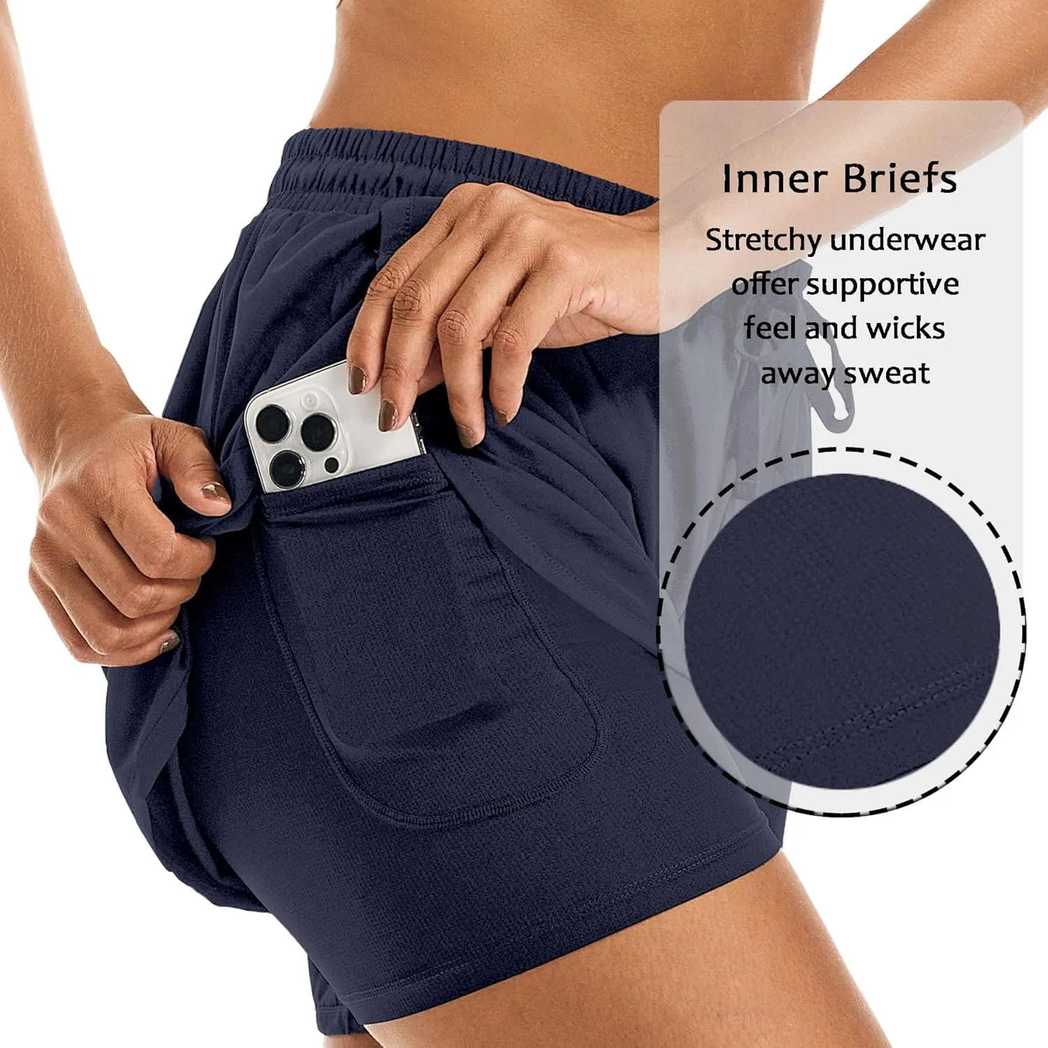 Women's 2 in 1 Athletic Running Shorts High Waisted Workout Casual Gym Sweat Shorts Mesh Comfy Liner Zipper Pockets