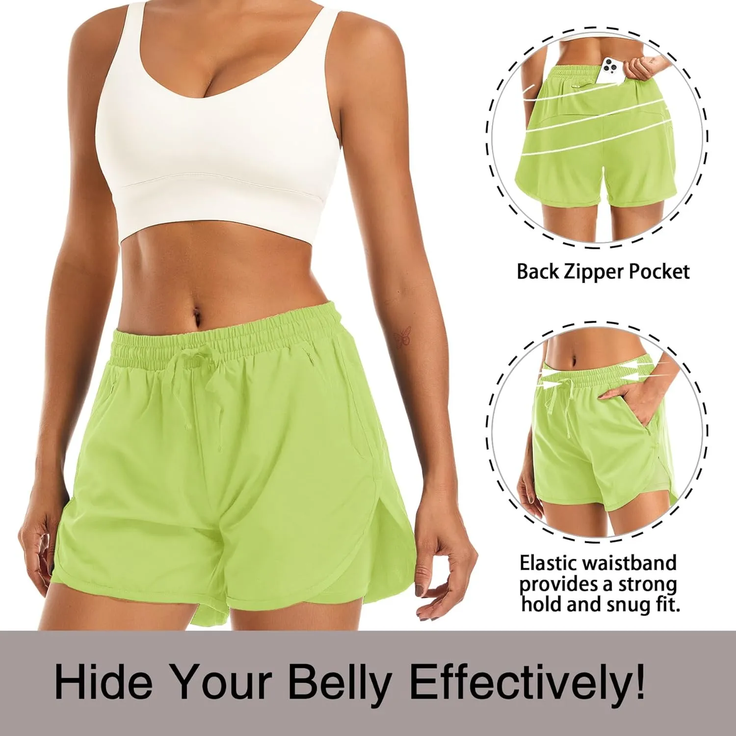 Women's 2 in 1 Athletic Running Shorts High Waisted Workout Casual Gym Sweat Shorts Mesh Comfy Liner Zipper Pockets
