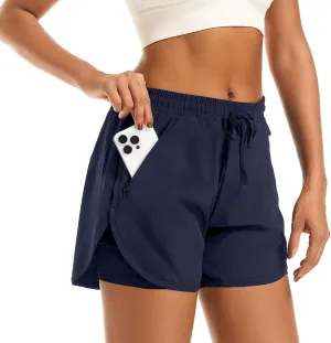 Women's 2 in 1 Athletic Running Shorts High Waisted Workout Casual Gym Sweat Shorts Mesh Comfy Liner Zipper Pockets