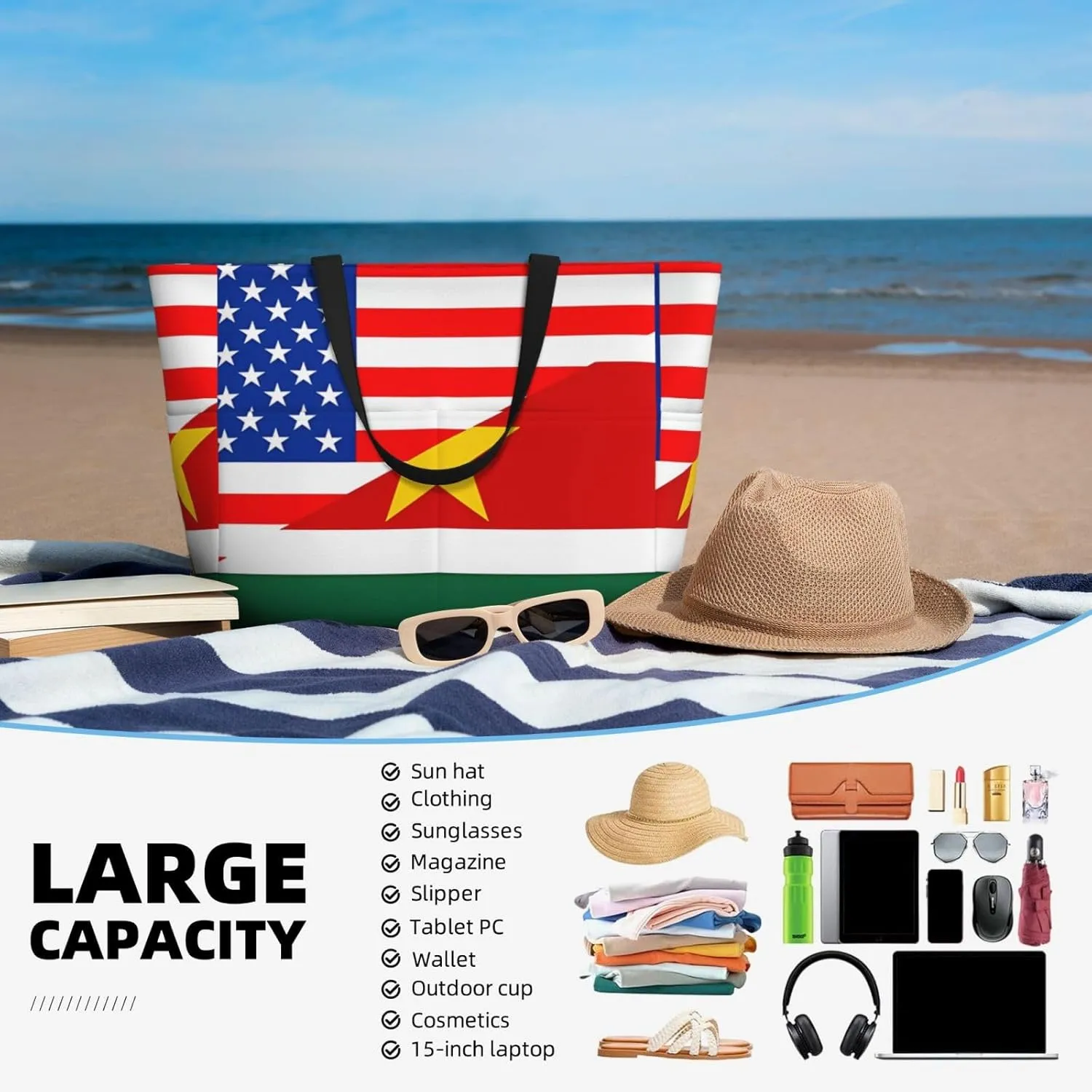 Women's Beach Travel Bags Large Waterproof Tote Bag with Pockets Sandproof Handbag for Beach Gym Vacation