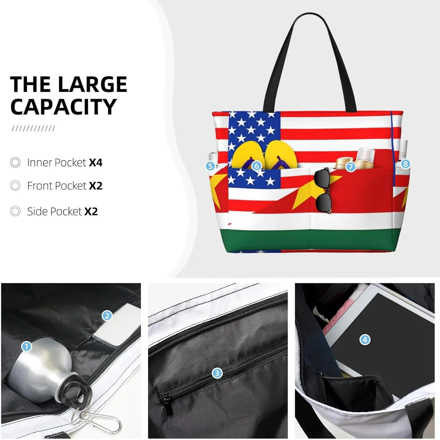 Women's Beach Travel Bags Large Waterproof Tote Bag with Pockets Sandproof Handbag for Beach Gym Vacation