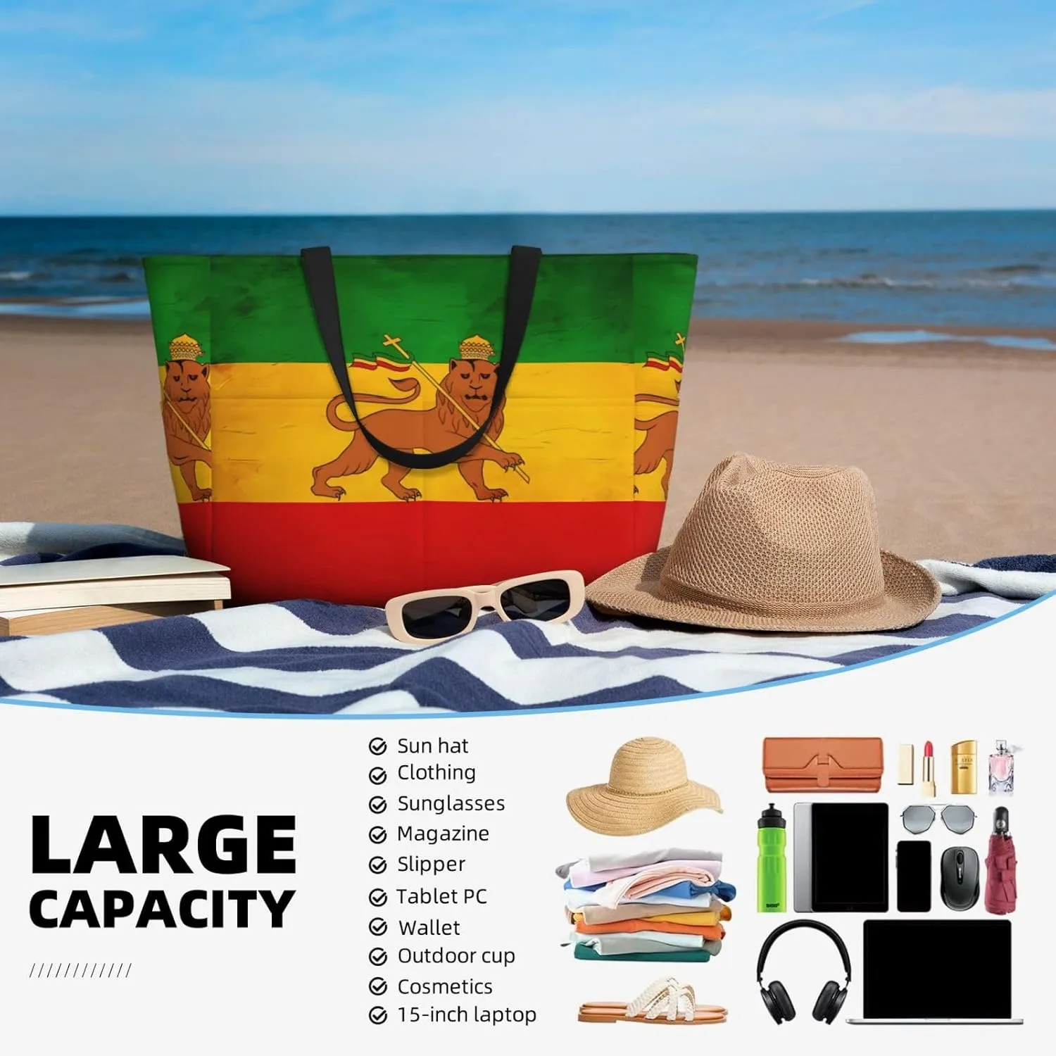 Women's Beach Travel Bags Large Waterproof Tote Bag with Pockets Sandproof Handbag for Beach Gym Vacation