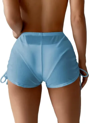 Women's Drawstring Side Mesh Sheer Beach Summer Cover Up Shorts Bikini Bottoms