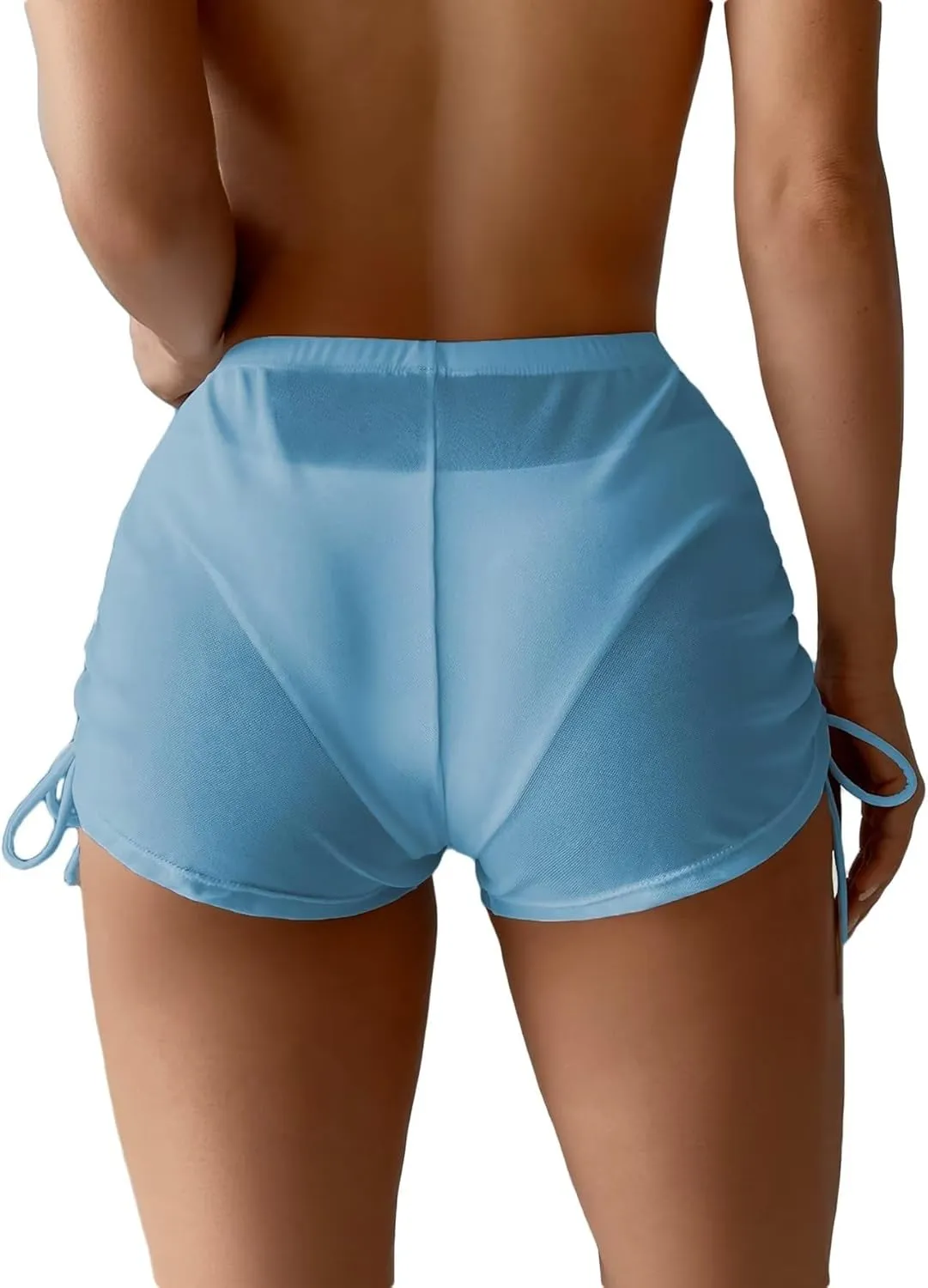 Women's Drawstring Side Mesh Sheer Beach Summer Cover Up Shorts Bikini Bottoms