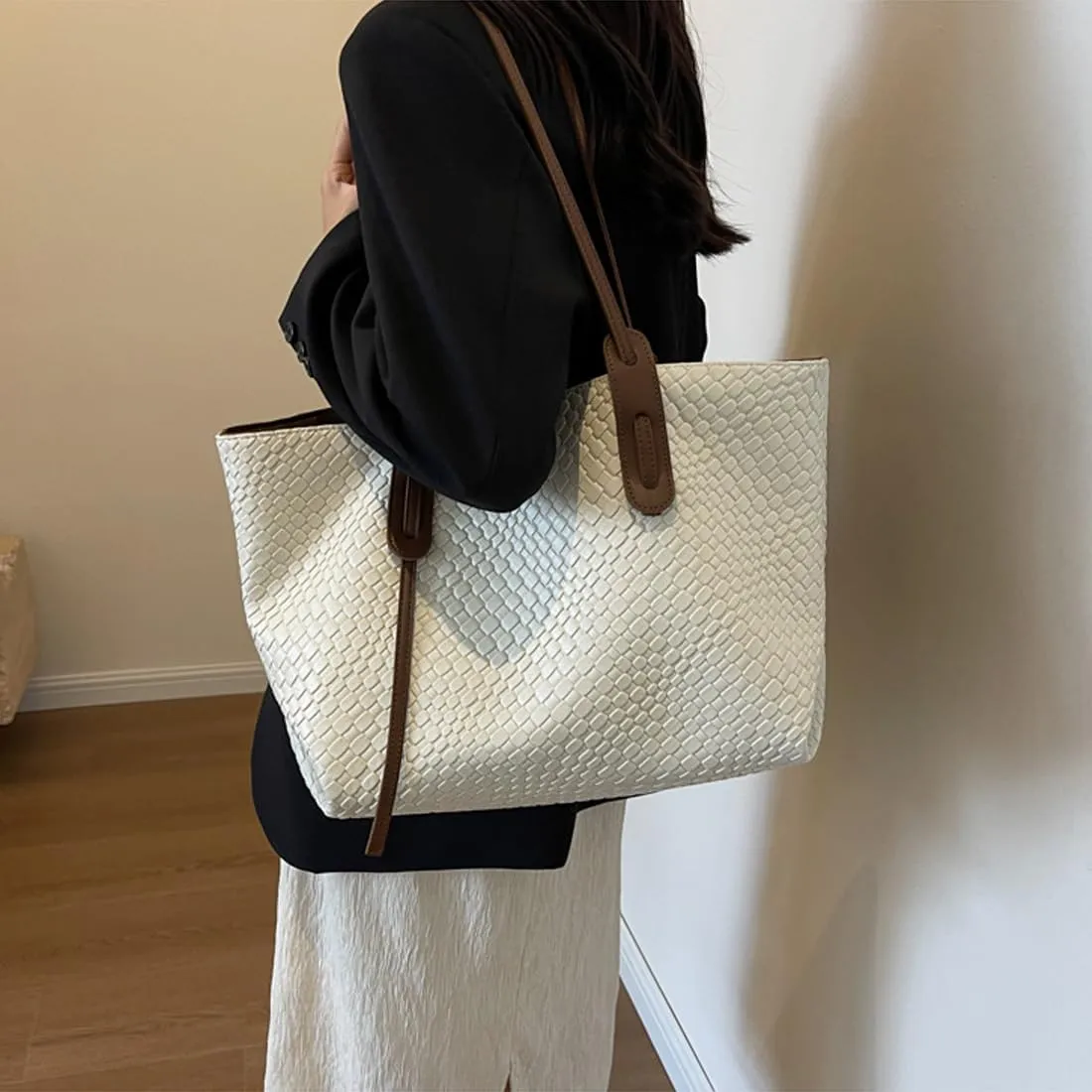 Womens Fashion Luxury Large Leather Woven Leather Tote Handbag Shoulder Bag Women Top Handle Satchel Handbag Work