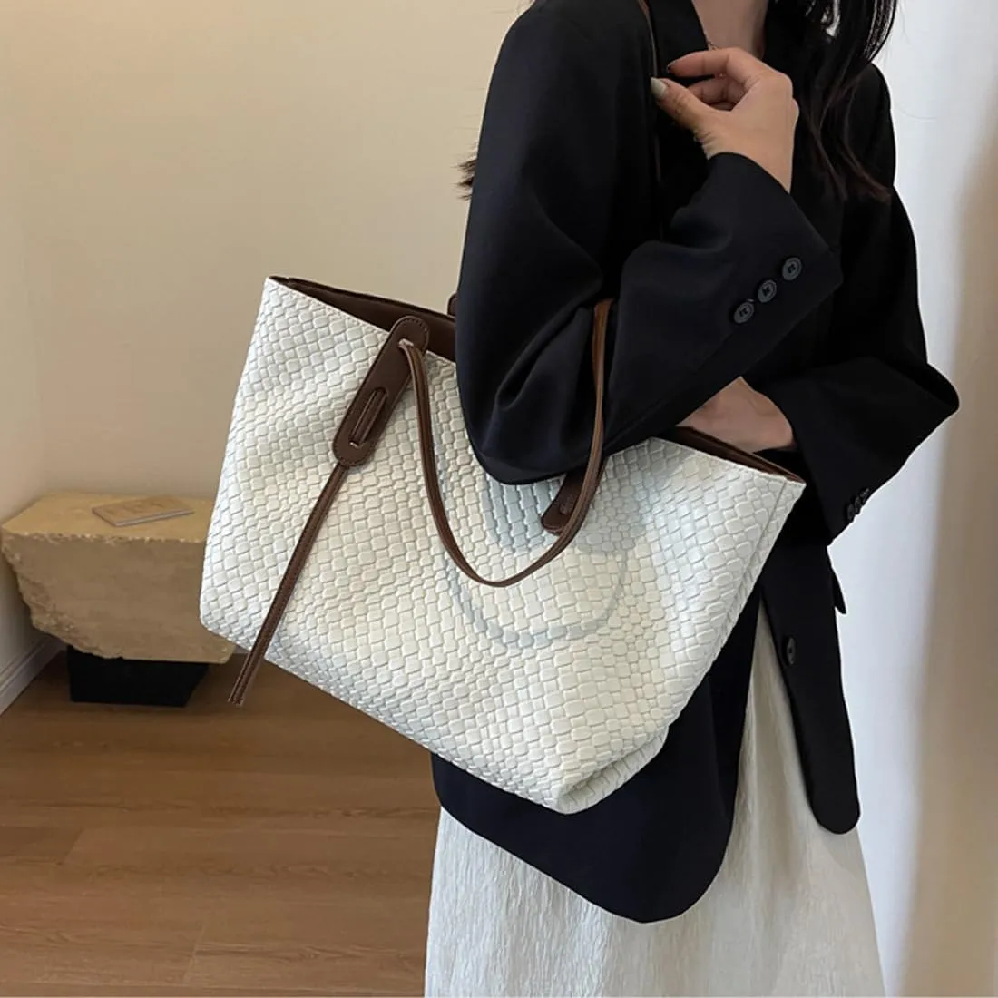 Womens Fashion Luxury Large Leather Woven Leather Tote Handbag Shoulder Bag Women Top Handle Satchel Handbag Work