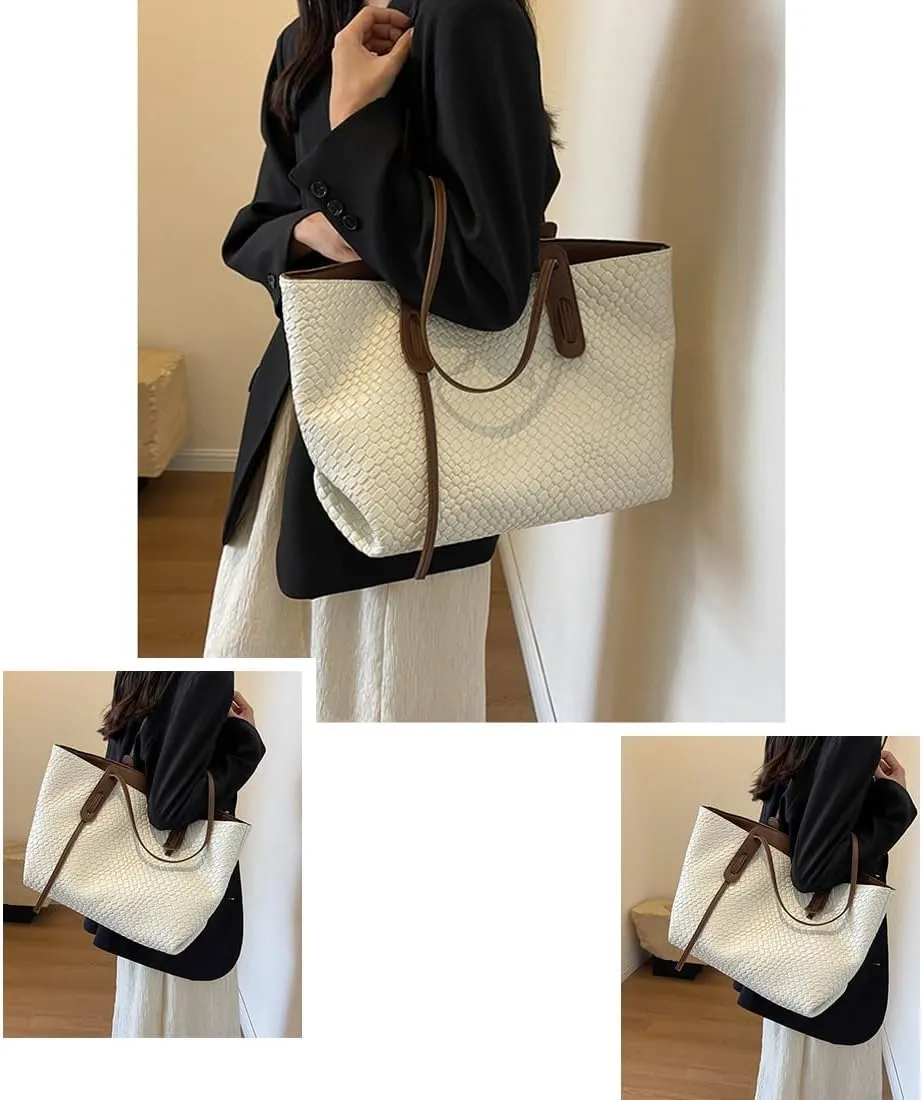 Womens Fashion Luxury Large Leather Woven Leather Tote Handbag Shoulder Bag Women Top Handle Satchel Handbag Work