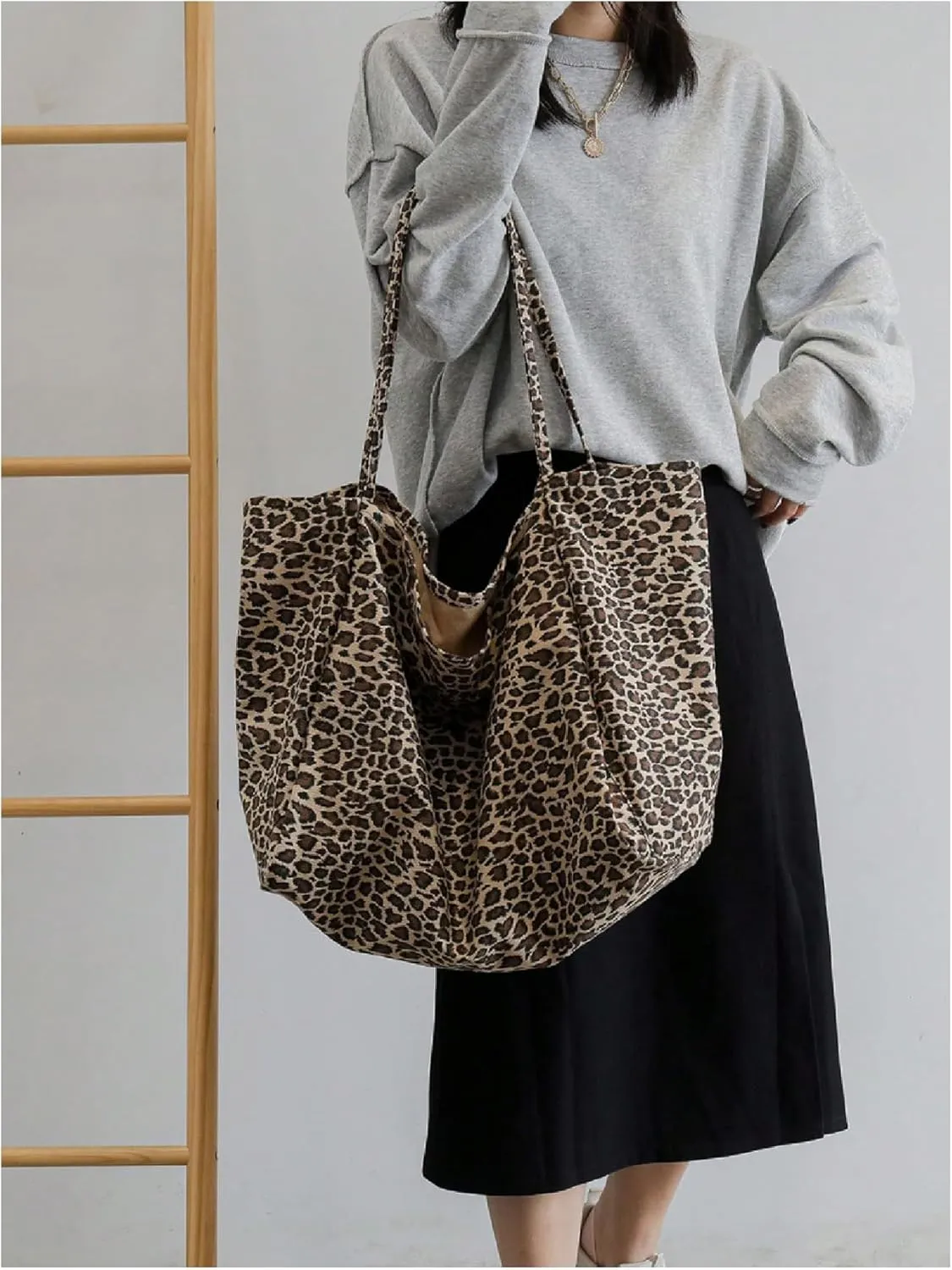 Women's Leopard Tote Bag Double Handle Lightweight Large Shoulder Bag Travel Satchel Handbag