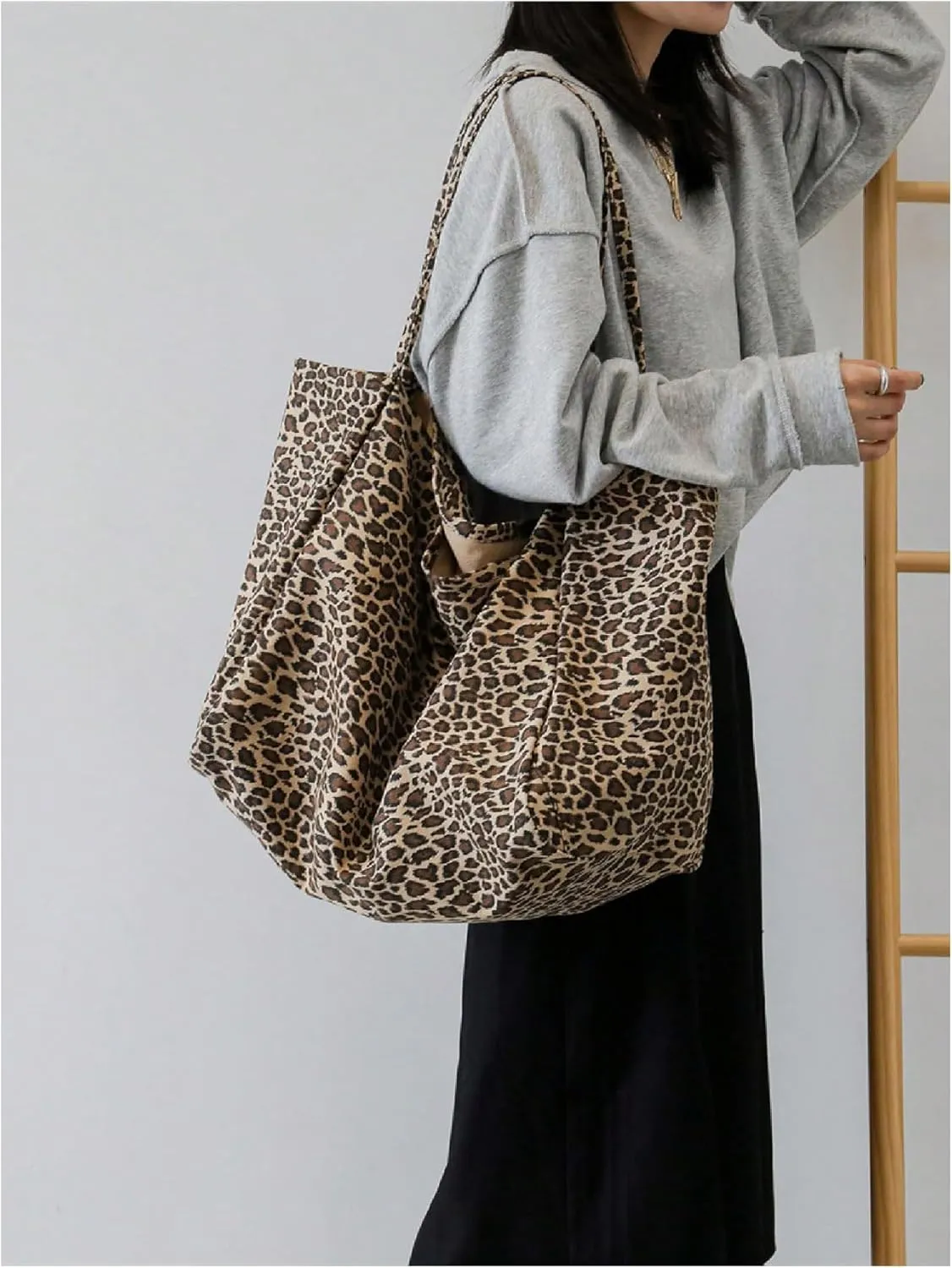 Women's Leopard Tote Bag Double Handle Lightweight Large Shoulder Bag Travel Satchel Handbag