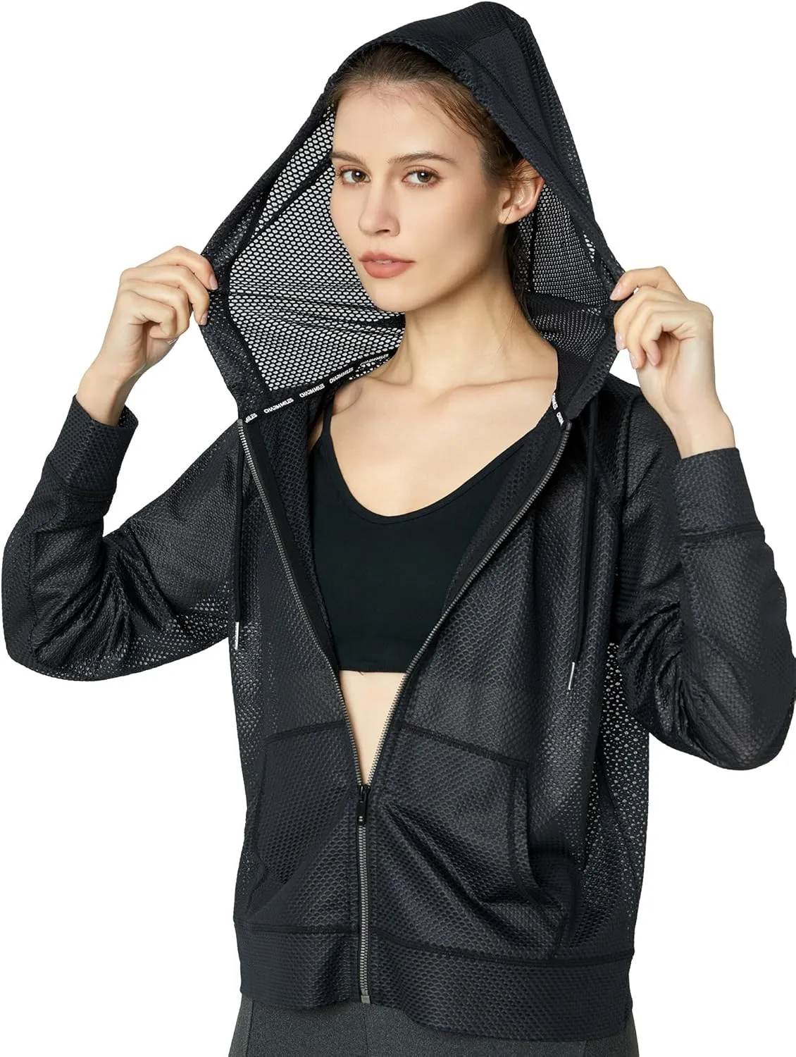 Women's Long Sleeve Mesh Hoody Sheer Hooded Sweatshirt Lightweight Athletic Jacket Zip Up Sheer Hoodie