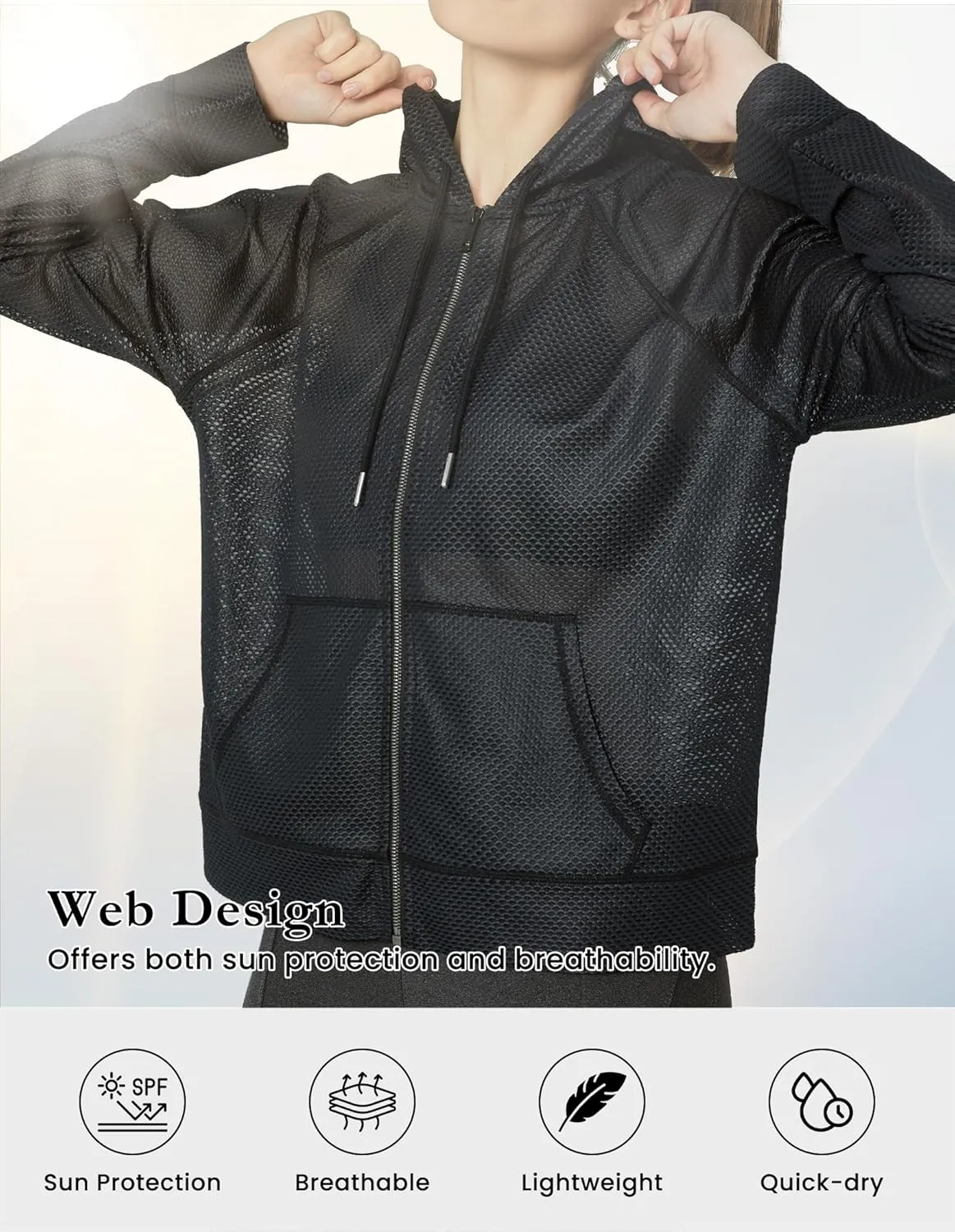 Women's Long Sleeve Mesh Hoody Sheer Hooded Sweatshirt Lightweight Athletic Jacket Zip Up Sheer Hoodie