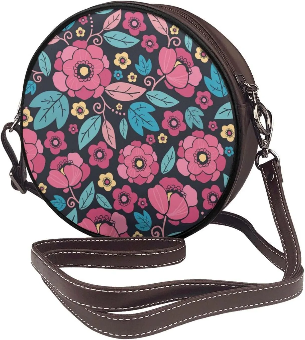Women's PU Leather Round Crossbody Purse Handbag Crossbody Shoulder Bag for Travel Outdoor