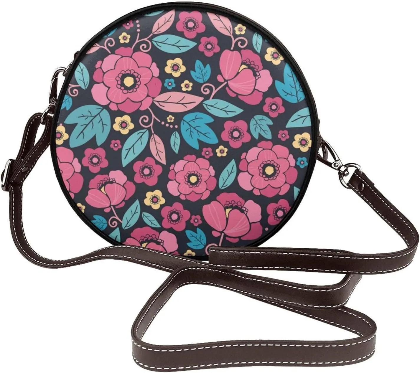 Women's PU Leather Round Crossbody Purse Handbag Crossbody Shoulder Bag for Travel Outdoor