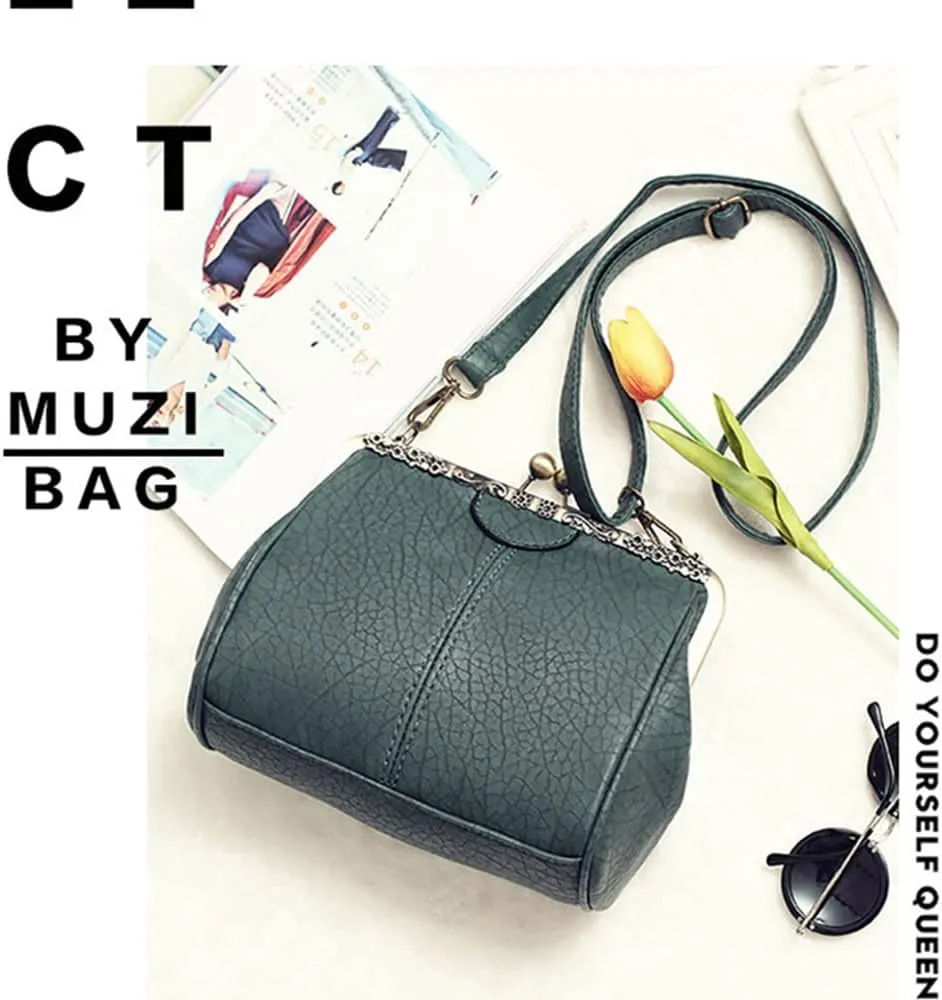 Women's Retro Handbag Kiss Lock Shoulder Purse PU Leather Tote Satchel with Lace