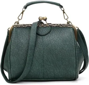 Women's Retro Handbag Kiss Lock Shoulder Purse PU Leather Tote Satchel with Lace
