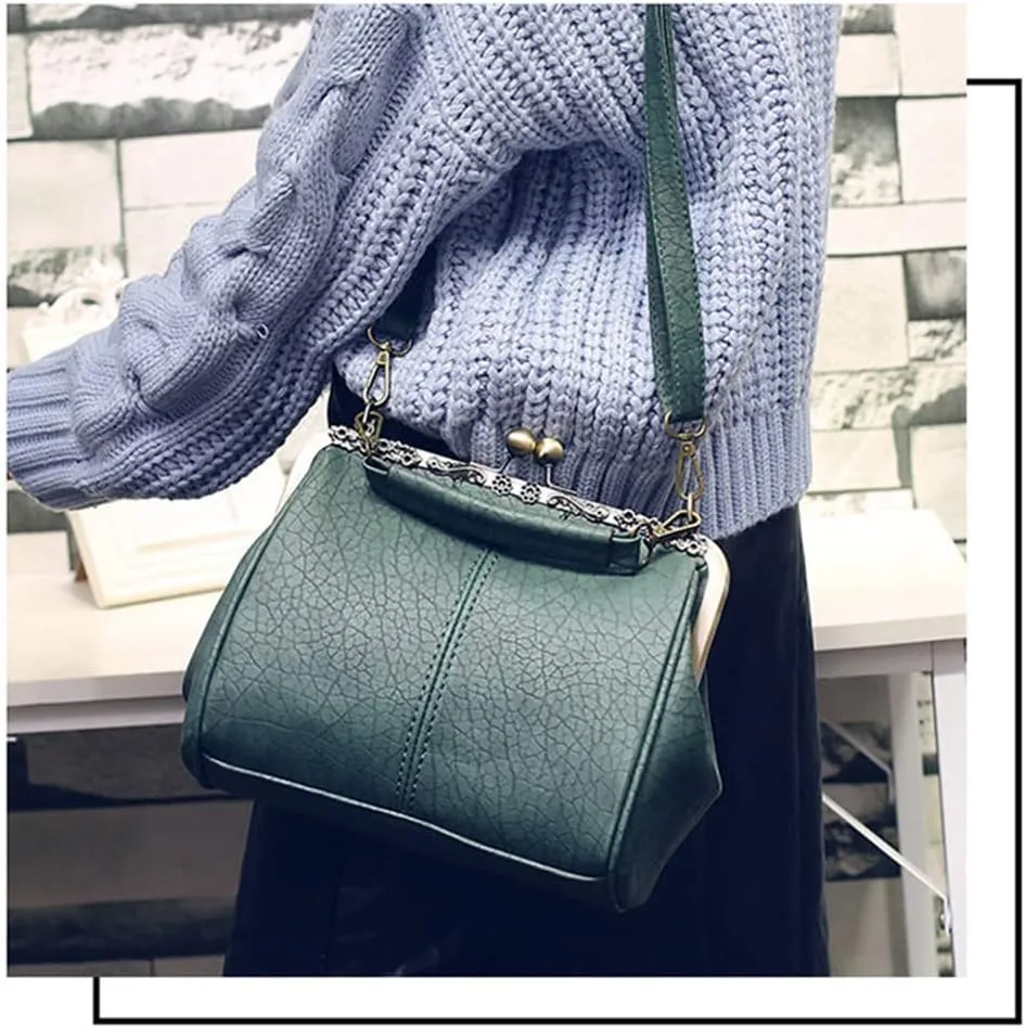 Women's Retro Handbag Kiss Lock Shoulder Purse PU Leather Tote Satchel with Lace